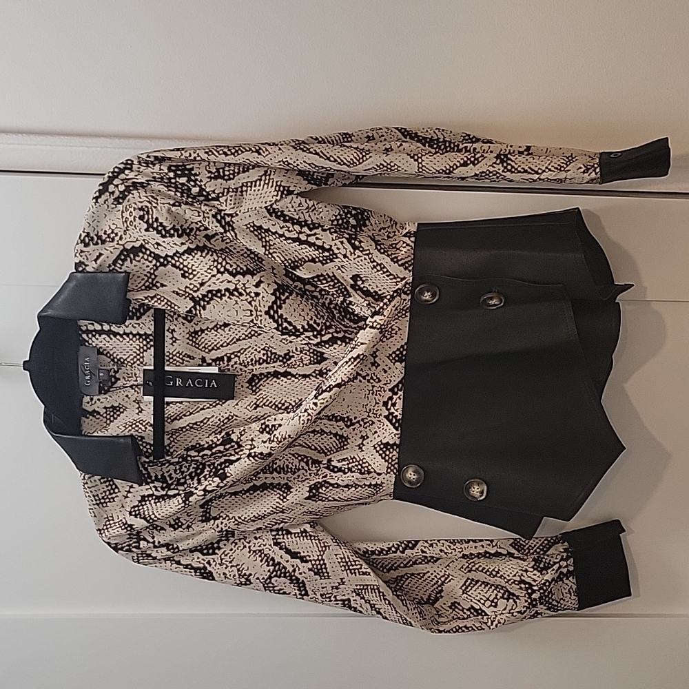 NWT Garcia Beige with black faux leather blouse